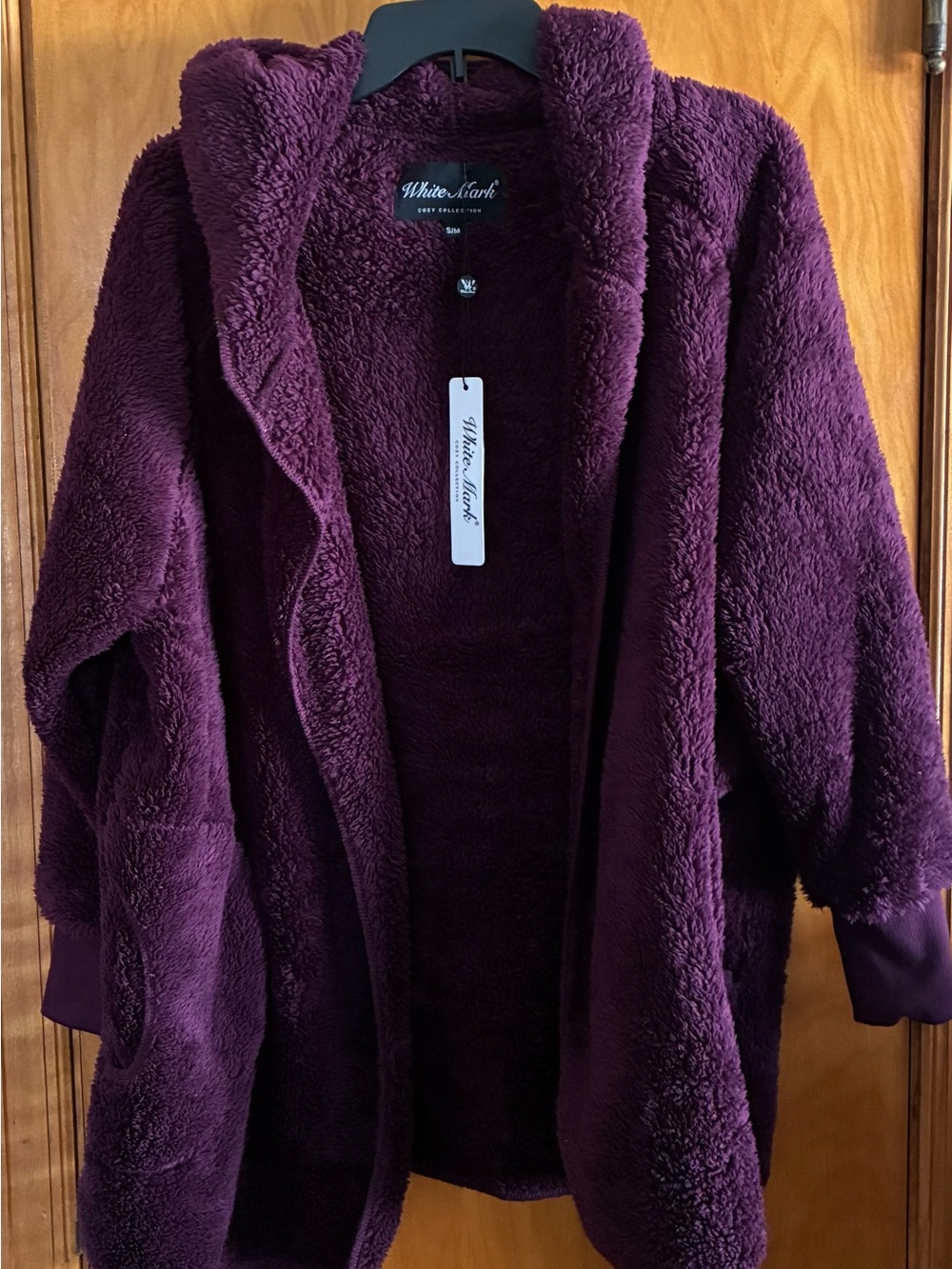 White Mark Plush Hooded Fleece Teddy Coat - Plum